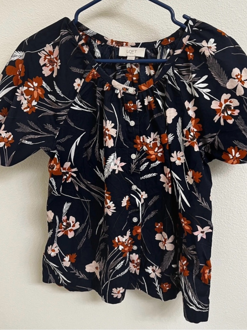 LOFT Navy Floral Button-Front Blouse with Rust and Blush Flowers